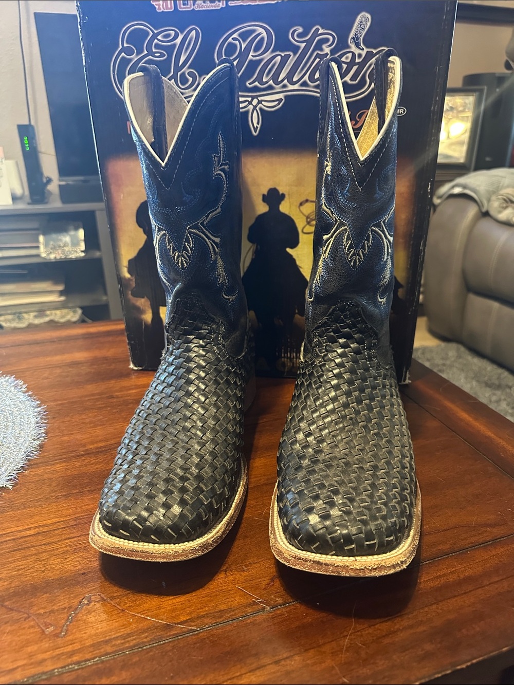 Men’s Black Woven Leather Cowboy Boots